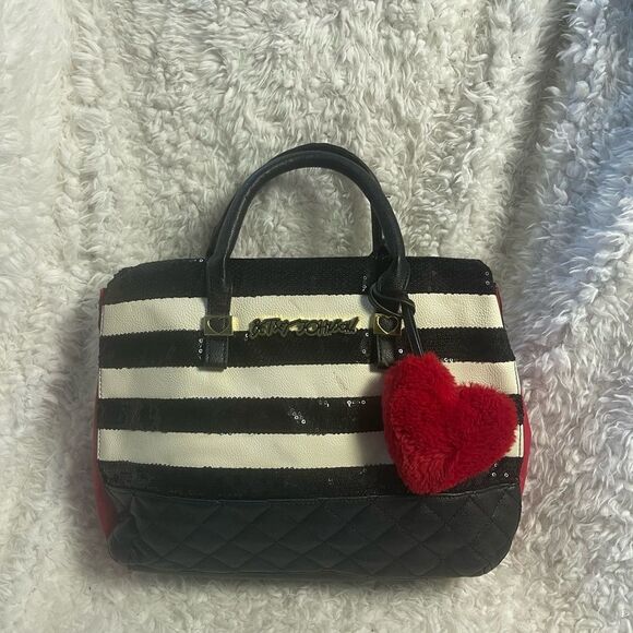 Betsey Johnson Synthetic Black sequins and White Striped satchel red accents - Picture 5 of 13